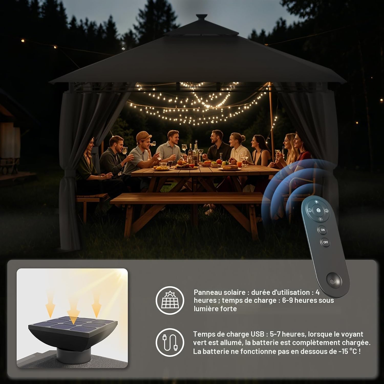 Devoko - Tonnelle Deluxe - 3x3m - LED, métal, 4-6 pers, gris