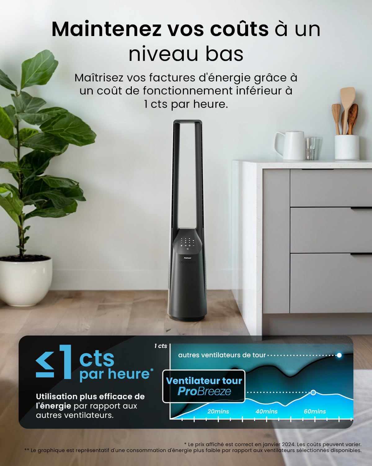 Pro Breeze Ventilateur Colonne Sans Pale - Ventilateur Tour Silencieux, Hauteur 101 cm avec 6 Vitesses, Oscillation 60°, Ventilateur Sans Lame Rafraichisseur d'Air Bladeless Noir