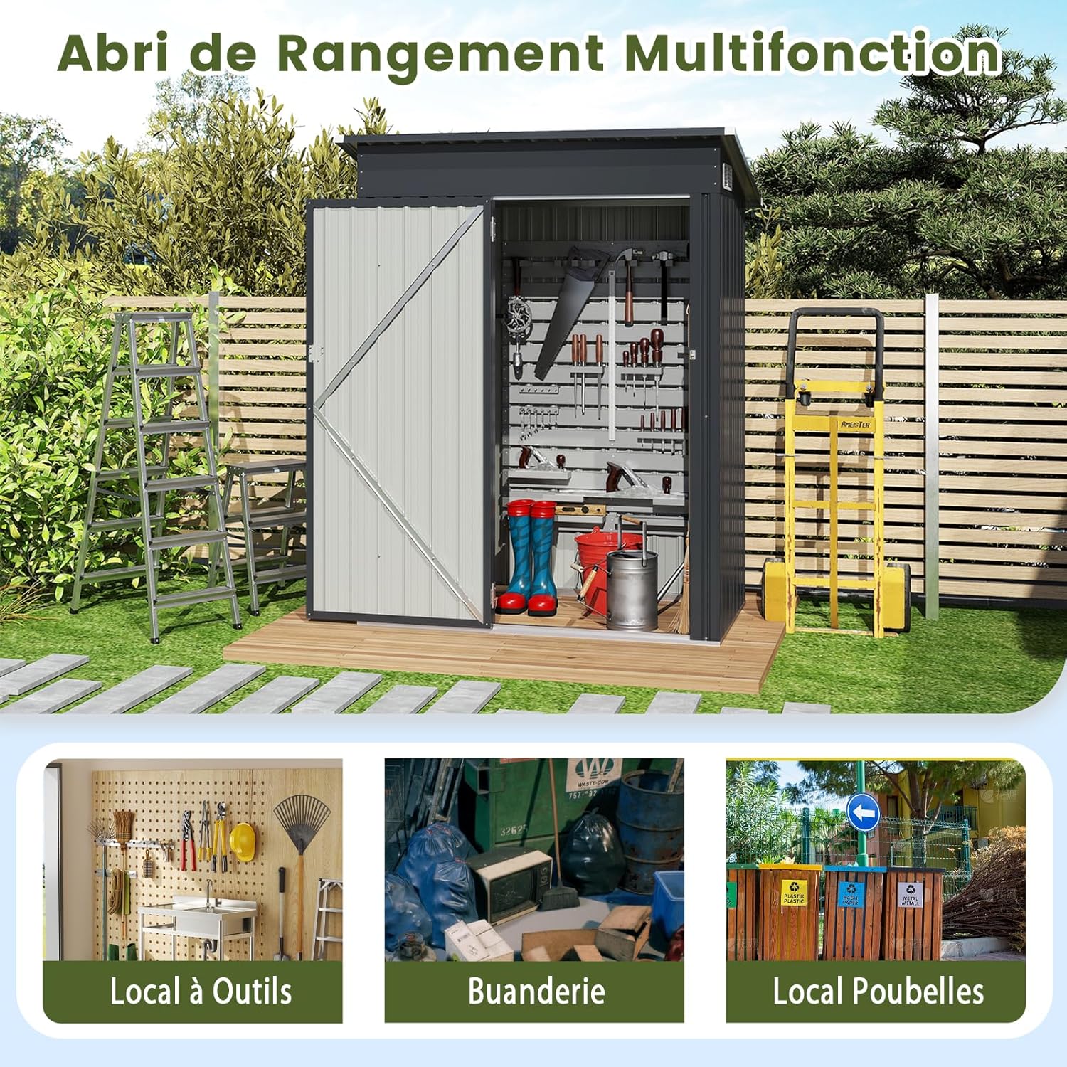 RELAX4LIFE - abri de jardin acier galva 150x88x185cm, toit incliné, porte, gants