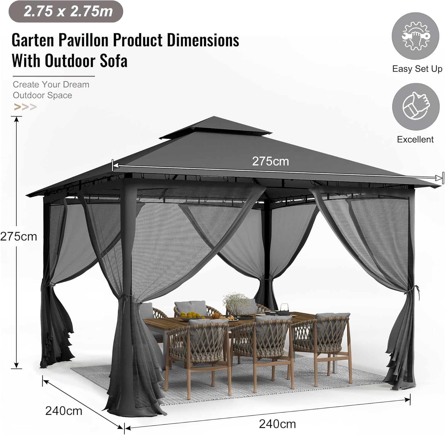UDPATIO - tonnelle extérieure - 2.8x2.8m - double toit, moustiquaire, structure métal stable