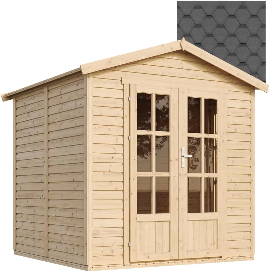 TIMBELA M351FB Cabane en Bois avec Plancher et Bardeaux Bitumineux Noirs, L233xP222xH233 cm – Abri Multifonctionnel, Bureau, Atelier, Studio Jardin