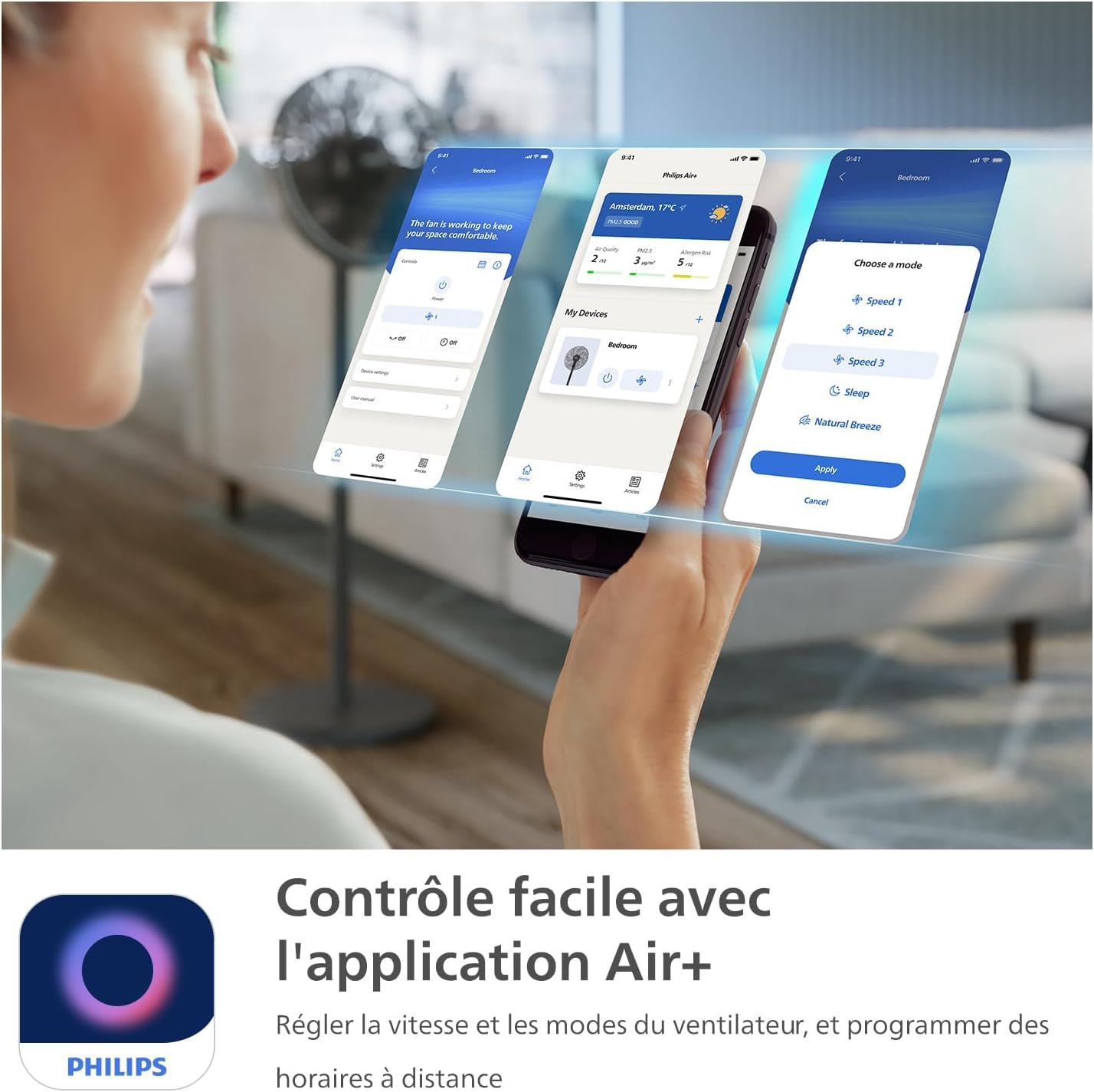 Philips Ventilateur sur pied Série 3000. Puissant et ultra-silencieux. Technologie SilentWings. 19 dB. Ventilateur de Table/sur Pied. Inclinable et Rotatif. Contrôle par App. Noir (CX3550/01)