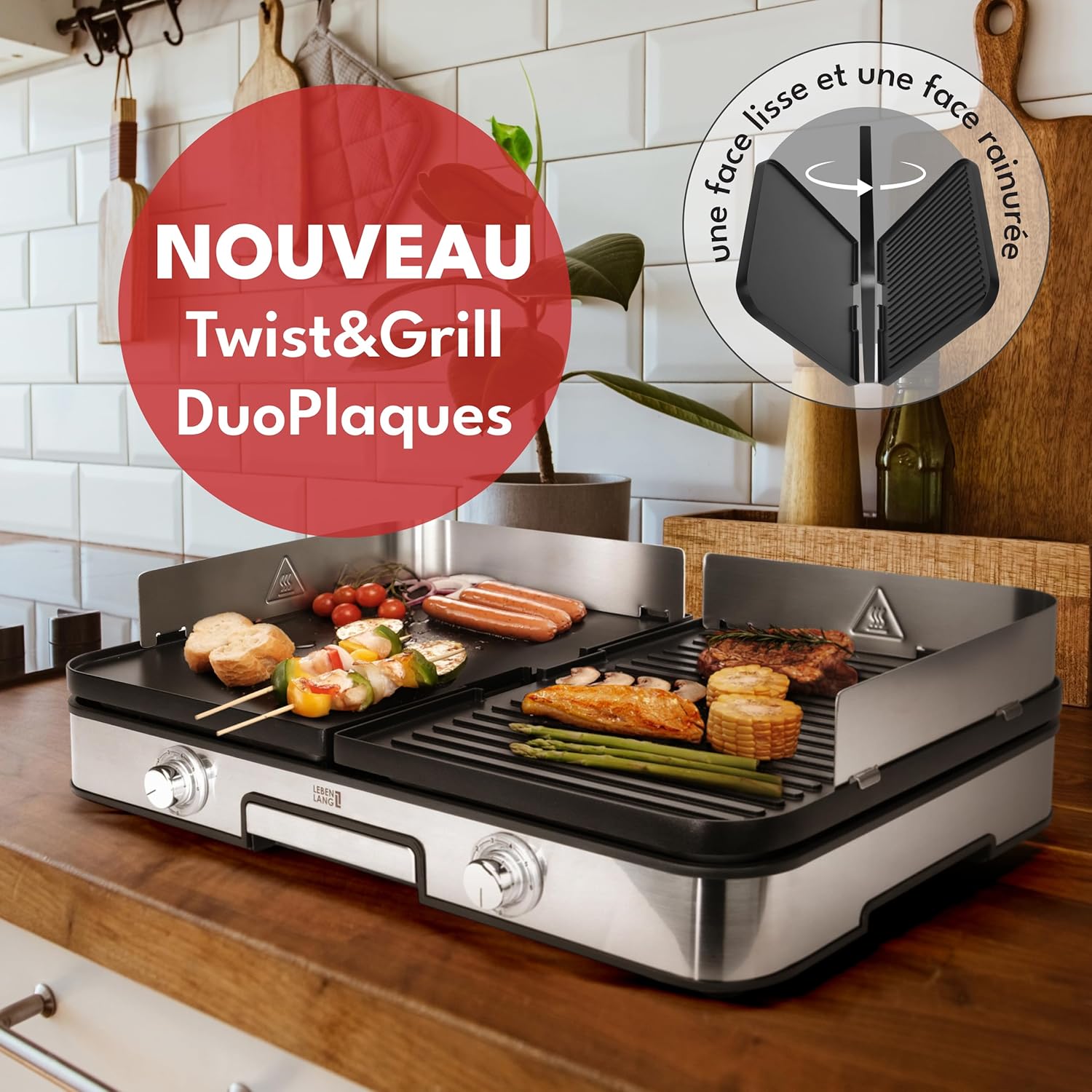 LEBENLANG - plancha électrique inox - XXL - 2400W, pince barbecue, intérieur/extérieur, protection éclaboussures - LEBEN