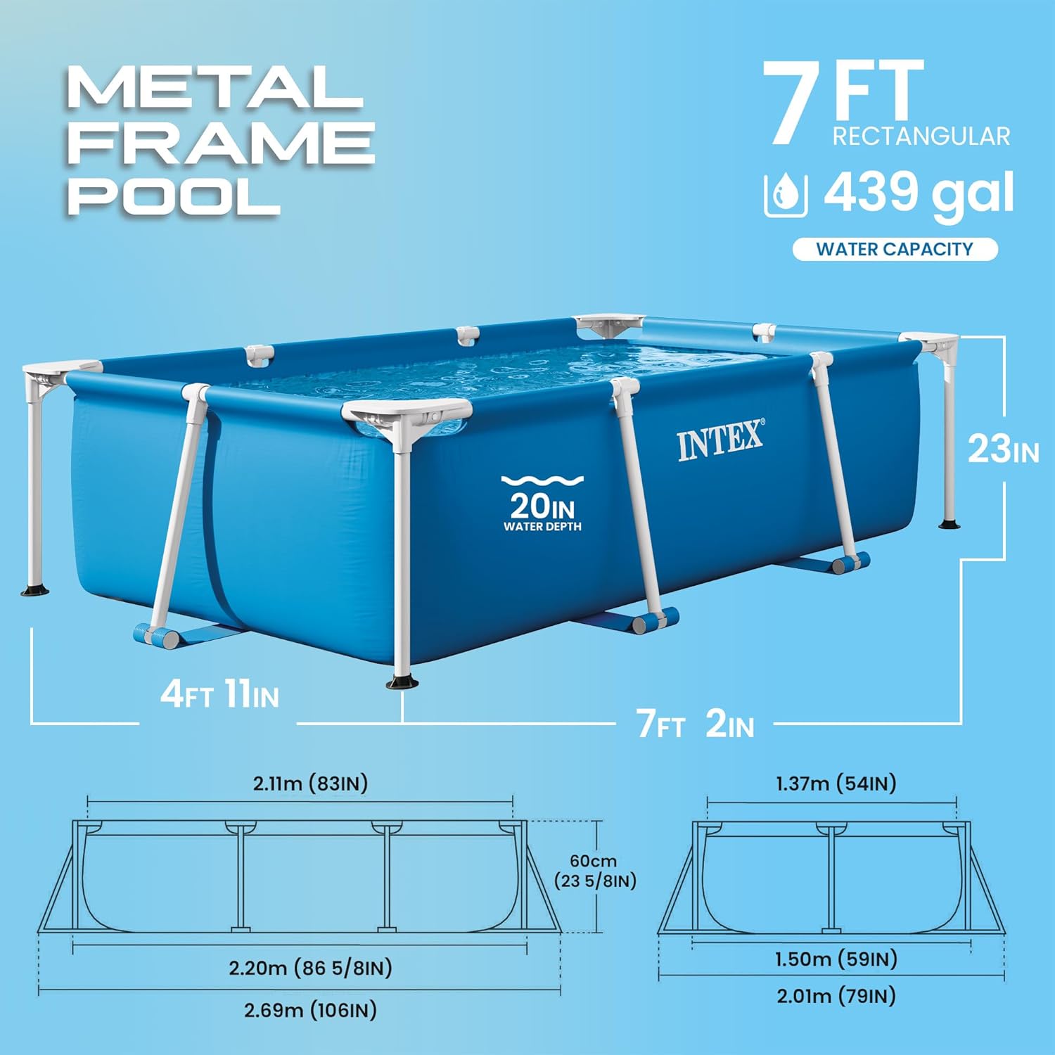 Intex Piscine Metal Frame Junior rectangulaire Tubulaire (l) 2,20 x (l) 1,50 x (h) 0,60m