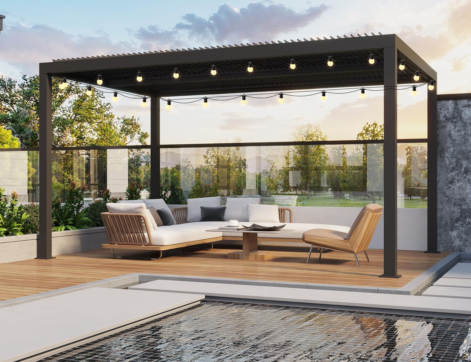 PURPLE LEAF - Pergola bioclimatique série aluminium - 4,6x3,3 m - lames orientables, éclairage intégré