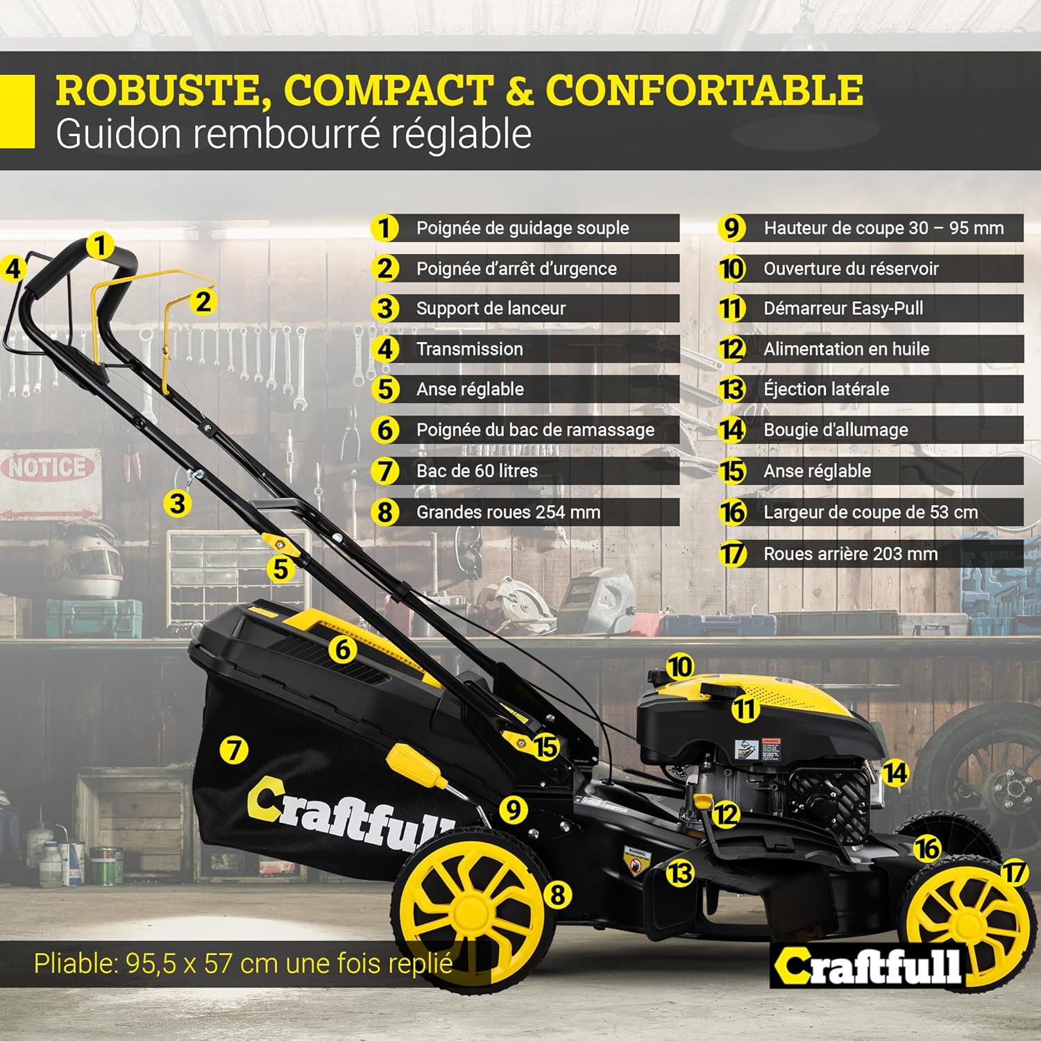 Craftfull - Tondeuse autotractée OHV 223cm³, 53cm, 7 réglages - CR-224-30