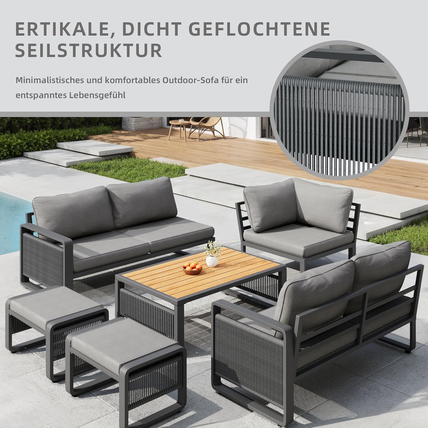Sapgaks - Ensemble salon jardin corde 6-7 pers, coussins moelleux, pieds réglables, gris