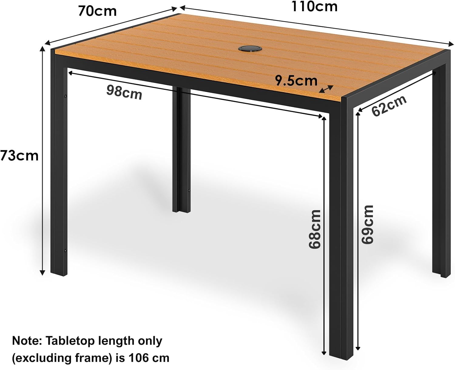 LIFERUN - Table de jardin 110x70cm - WPC, aluminium, trou parasol, brun teck