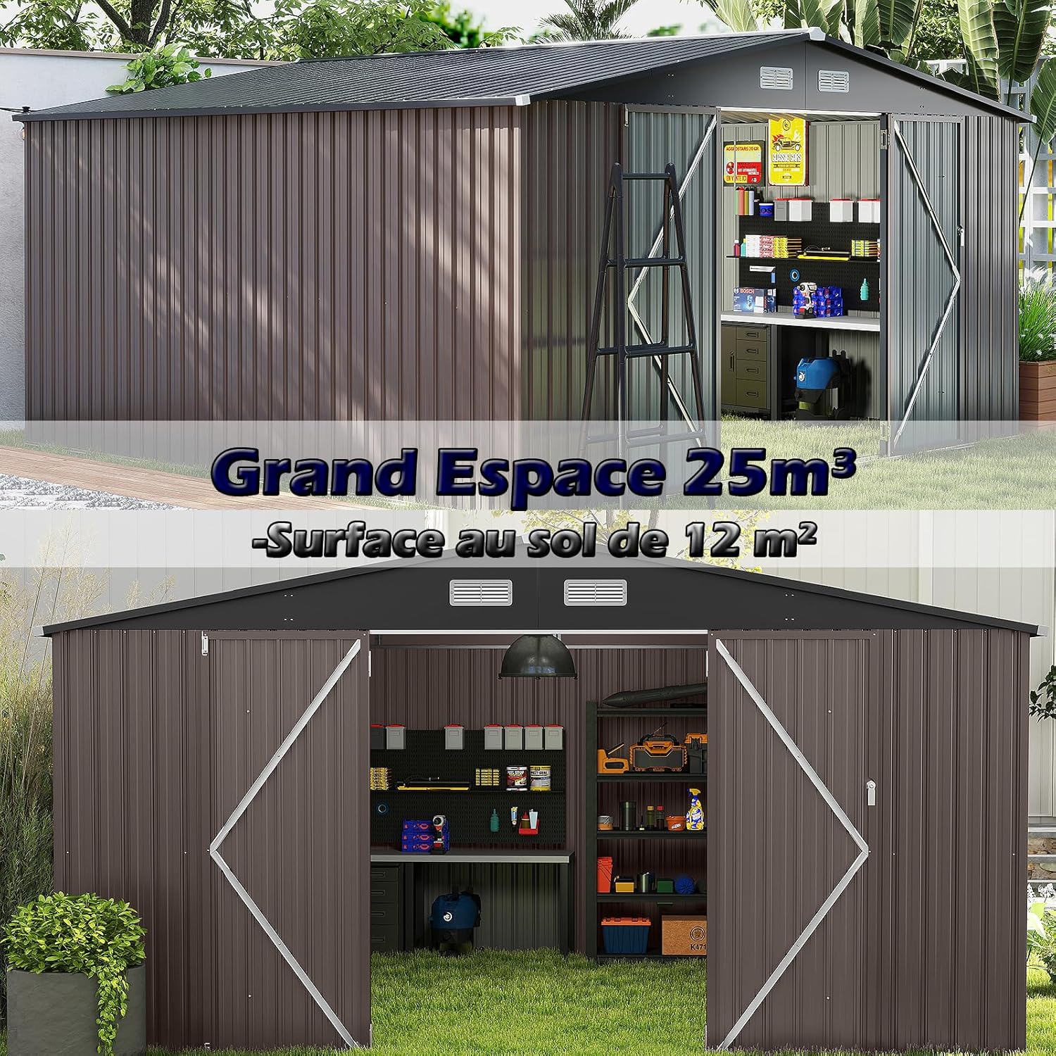 RELAX4LIFE - abri de jardin métal - 350x350x198cm - 2 portes, 12m², toit incliné, 25m³