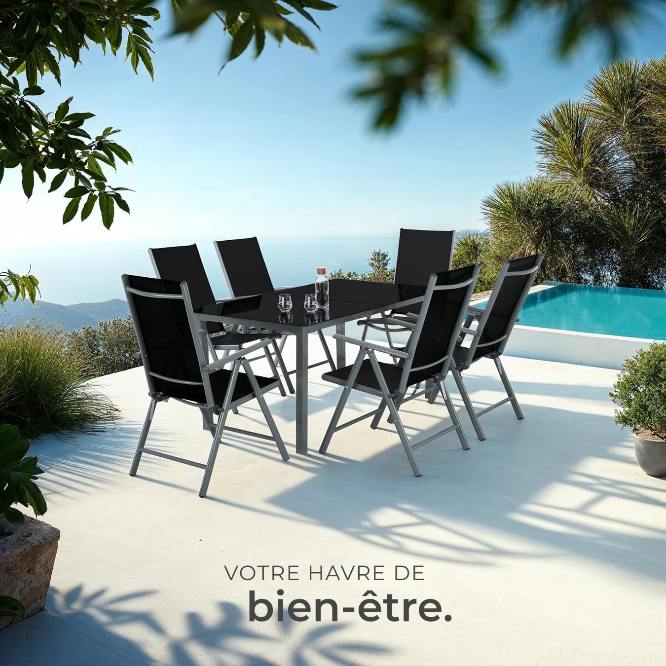 tectake - Salon de jardin aluminium, 6 fauteuils pliables, table - entretien facile, 220x90 cm