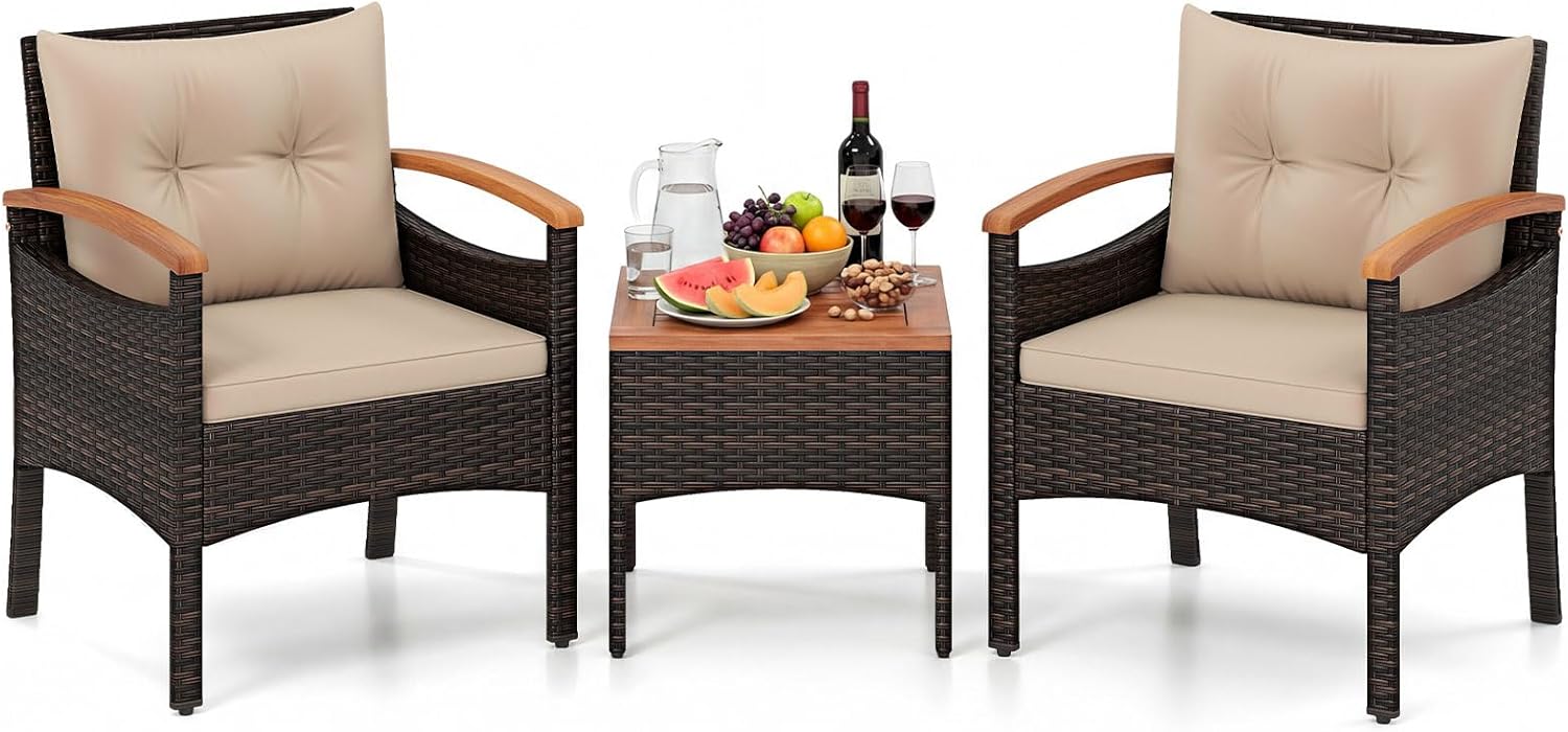 COSTWAY - Salon de Jardin 3 pcs - rotin PE, bois acacia, coussins amovibles, jaune terre