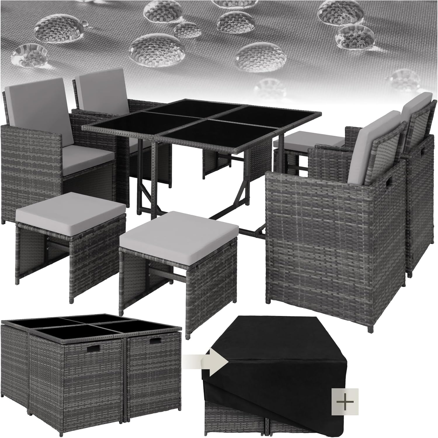 tectake - Salon de jardin gris 4 chaises, 4 tabourets, housse, polyrotin