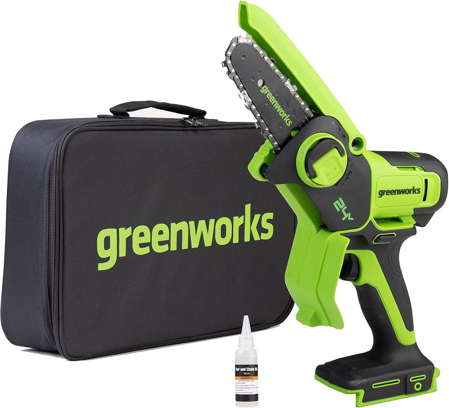 Greenworks 24V Mini Tronçonneuse 10cm Tronçonneuse à batterie sans fil alimentée par batterie et chargeur, vitesse de chaîne de 7,8 m/s, pour branches d'arbres, cour et usage domestique.