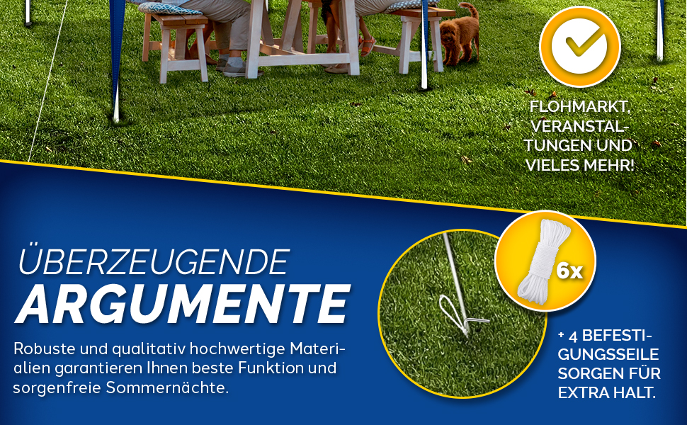 Présentoir d'informations sur le produit montrant des piquets ou des piquets de pelouse avec un texte surlignant « 4 tiges de montage pour une meilleure prise en main » en allemand.