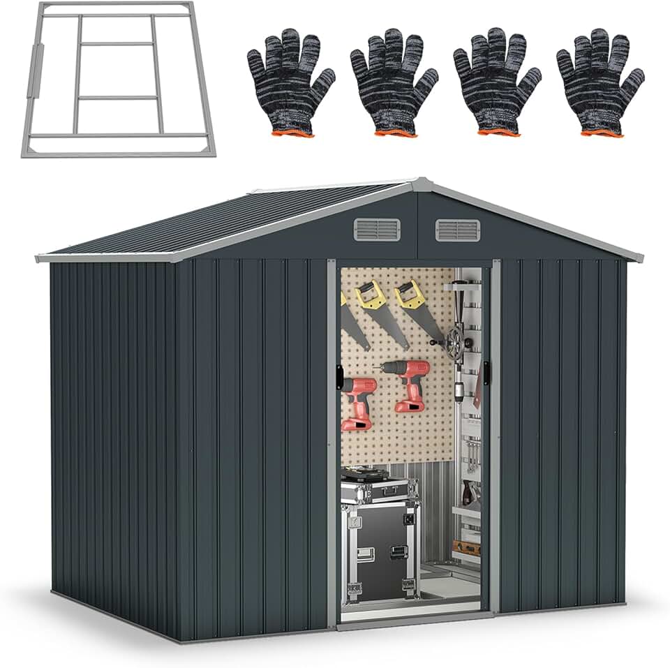 HOMASIS Abri de Jardin en Métal avec Toit à Pignon, 235 x 171 x 196 cm, 7,95 m³, Cabane de Jardin avec 2 Portes Coulissantes, 2 Fenêtres et Fondation, abri à Outils Extérieur, Haute Résistance