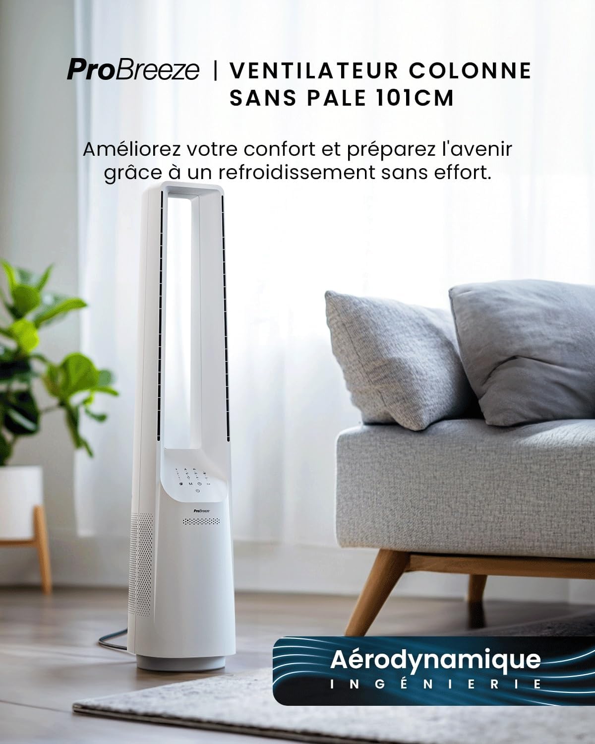 Pro Breeze - Ventilateur Tour WiFi Intelligent 101cm - Silencieux, LED, télécommande, 6 vitesses, oscillation