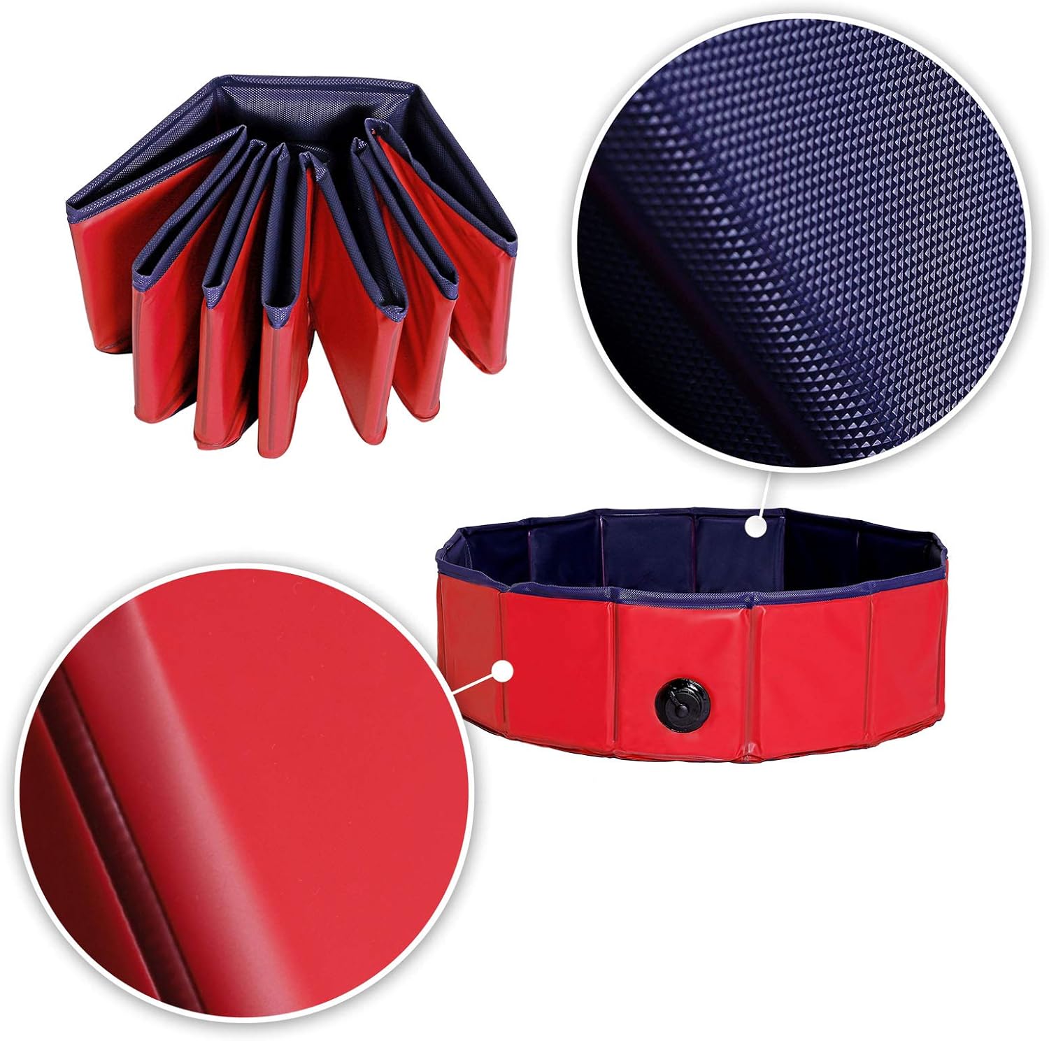 lionto Piscine Pliable pour Chien en PVC résistant aux griffures, Ø 80 cm, Hauteur 20 cm, revêtement antidérapant et Bouchon pour vidage sans Pompe, Piscine Robuste pour Enfants, Bleu/Rouge