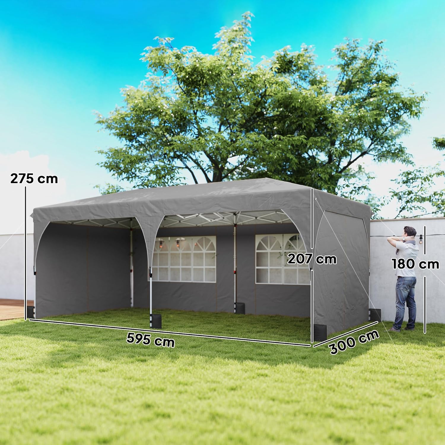Outsunny - Tonnelle Pop Up 3x6m, imperméable, réglable, UV50+, sacs, gris
