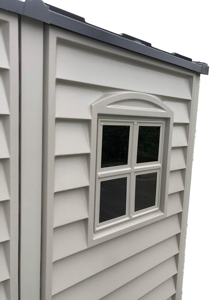 Duramax StoreMate PLUS 6 x 6 (3.65 m²) Abri de jardin en plastique avec plancher en plastique robuste et 1 fenêtre fixe, structure de toit en métal robuste, sans entretien, Gris foncé/ Adobe