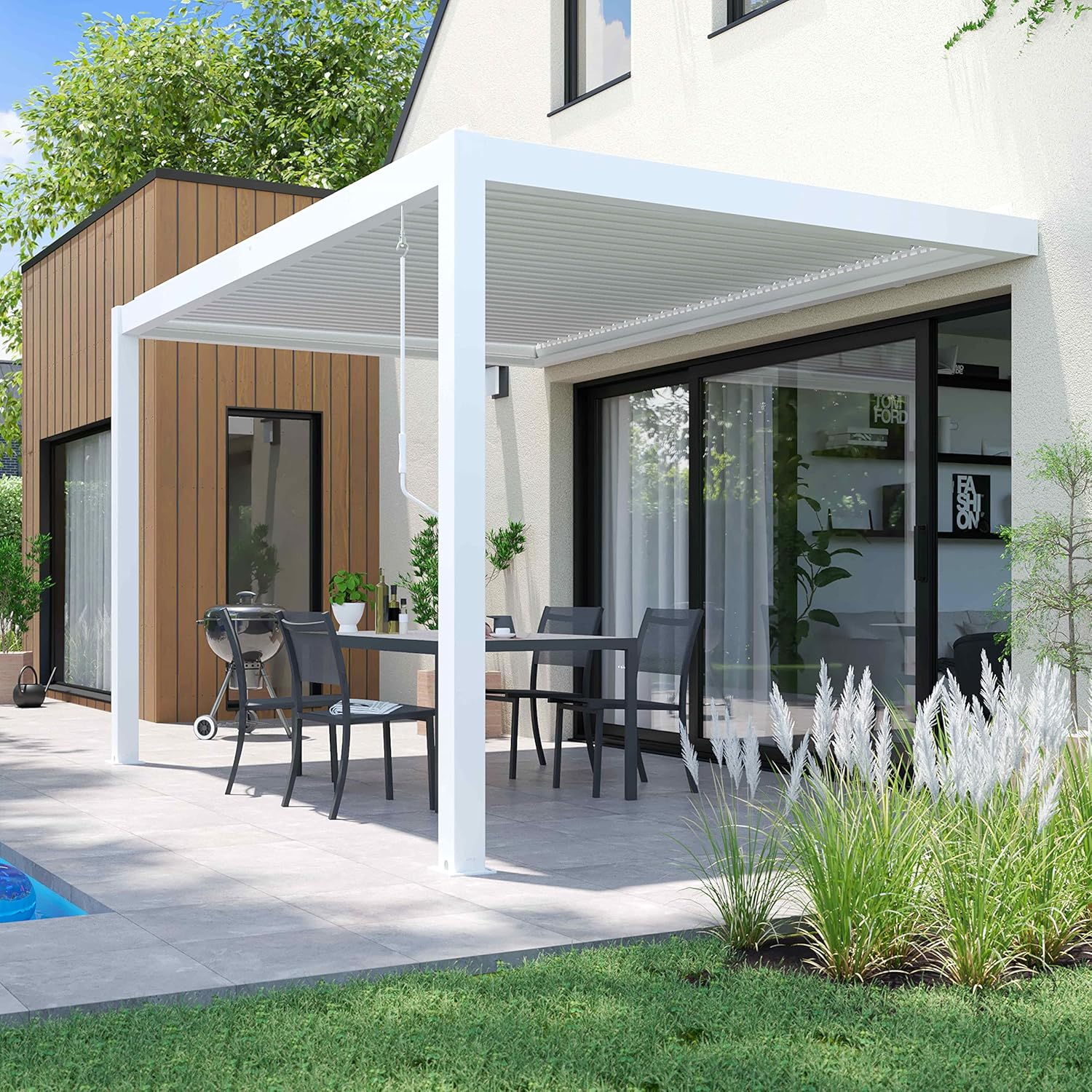 Oviala - Pergola bioclimatique adossée - 3x4 m - aluminium blanc