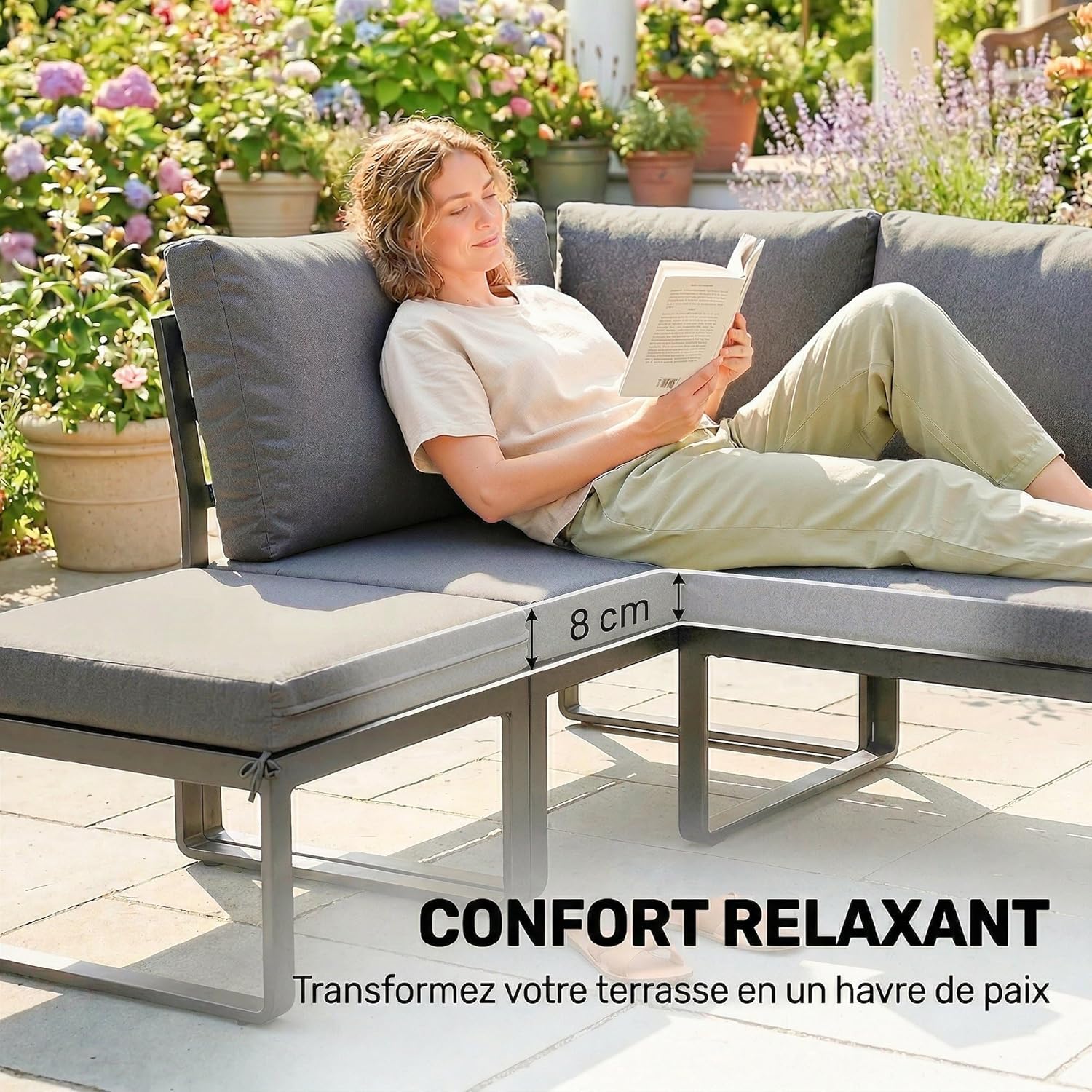 Salon de Jardin Outsunny - 6-8 pers - Ensemble aluminium, table haute, canapé d'angle, table bois composite, gris - OJ-6