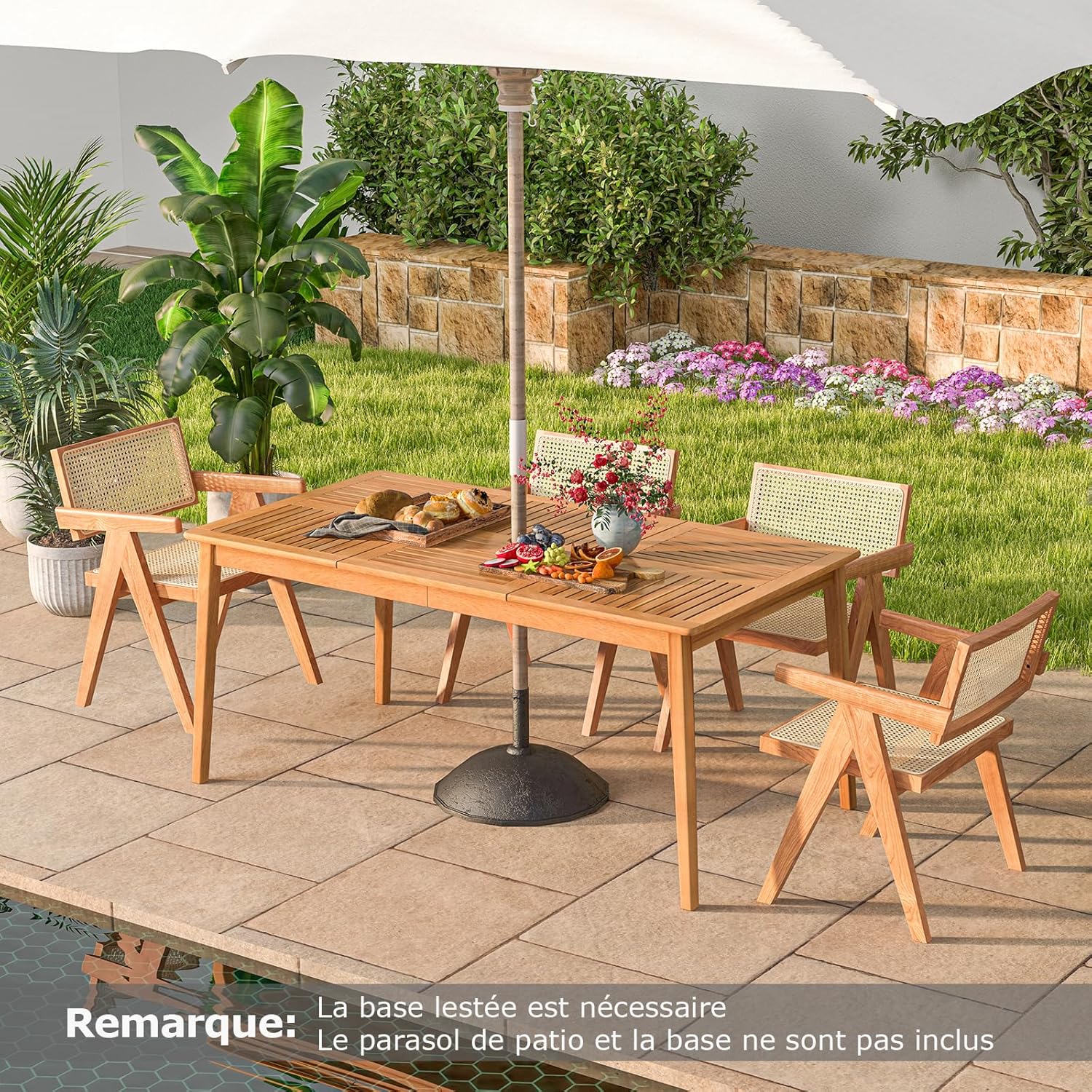 Costway - Table en bois d’Acacia, 170x90 cm, trou pour parasol 5 cm, 6 personnes