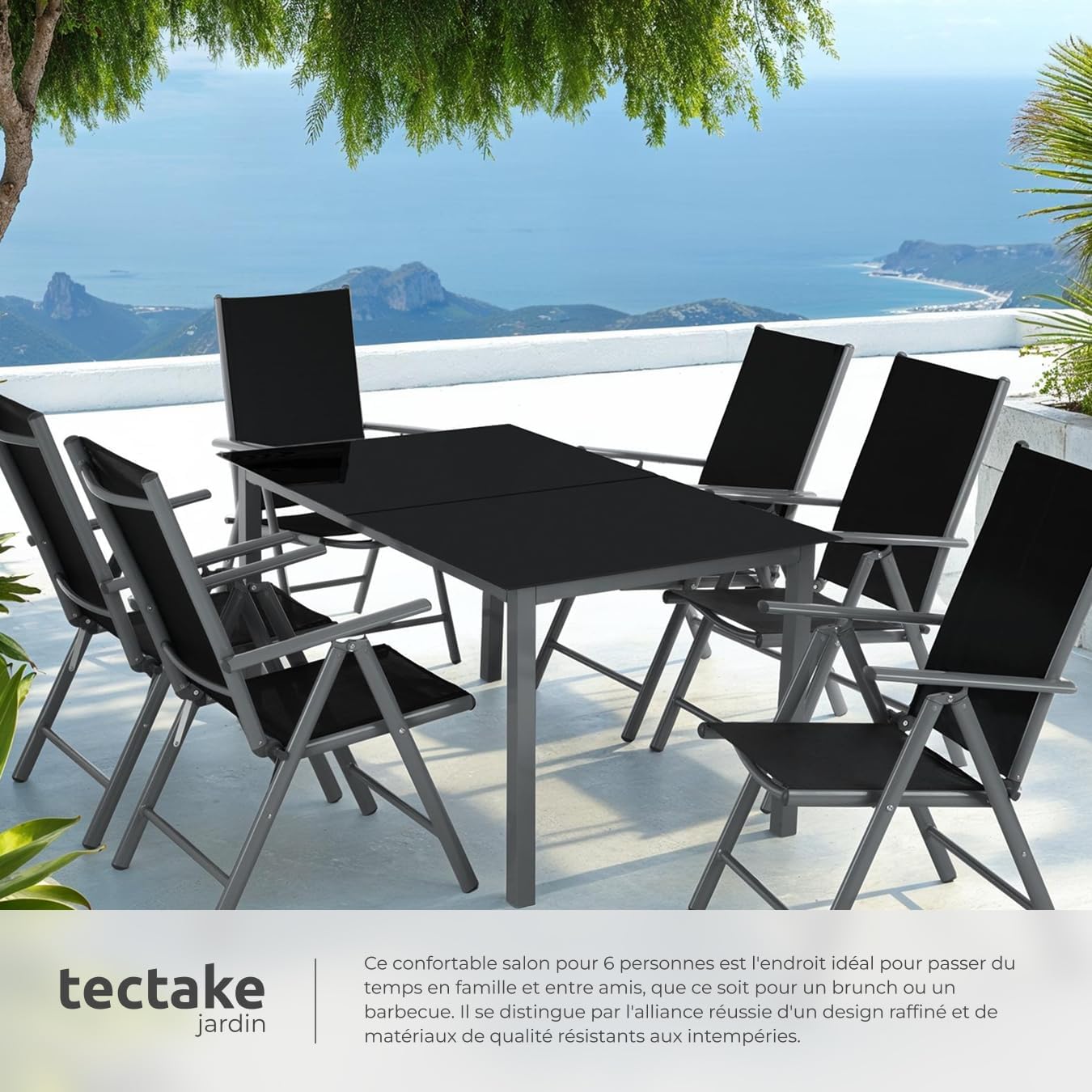tectake - Salon de jardin aluminium, 6 fauteuils pliables, table - entretien facile, 220x90 cm