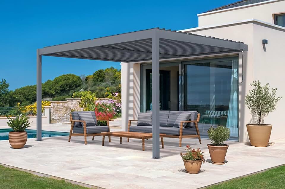 Cazeboo - Piana - pergola adossée 4x3m alu gris, 3 persiennes brise-vue