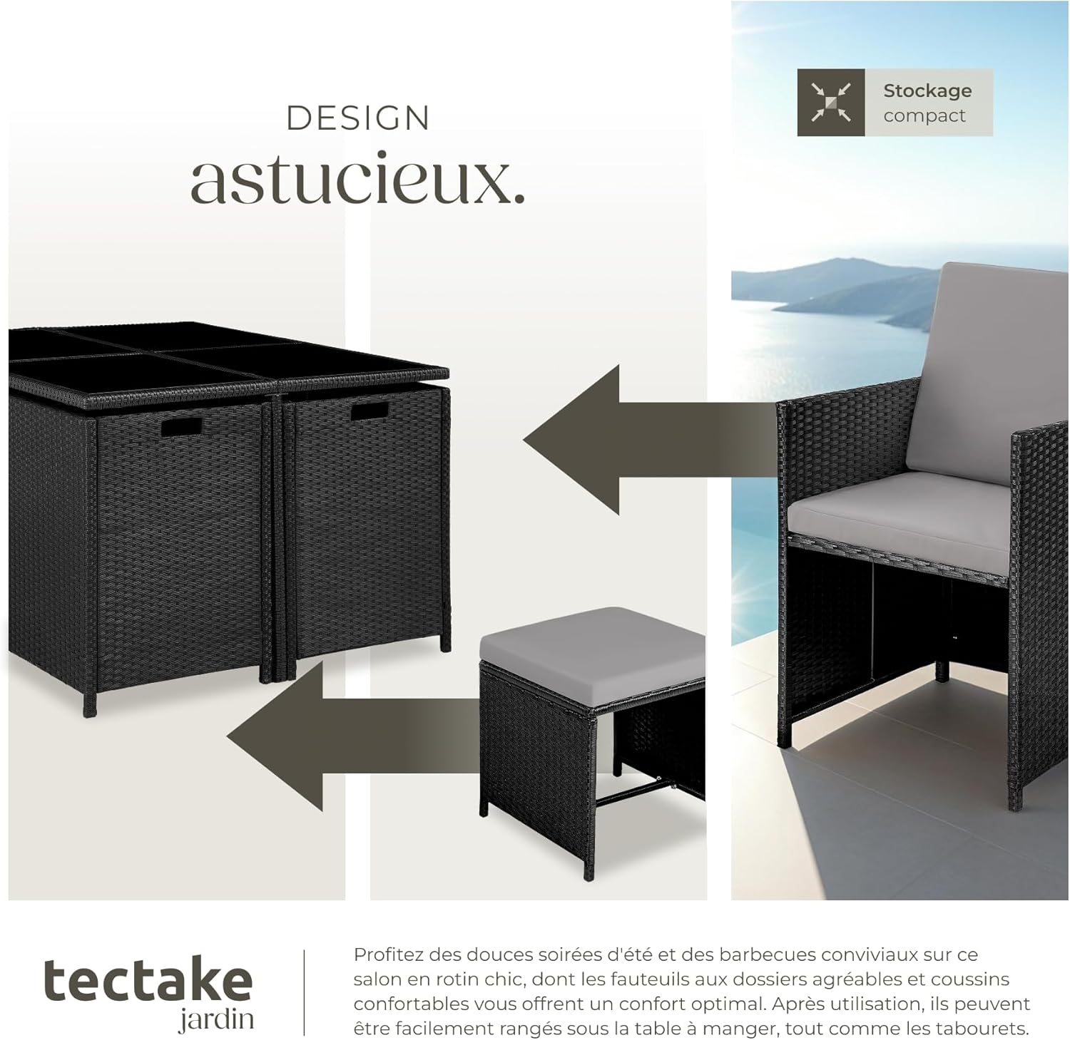 tectake - Salon de jardin Poly Rotin - table, 4 chaises, housse - dimensions compactes - NOIR/GRIS