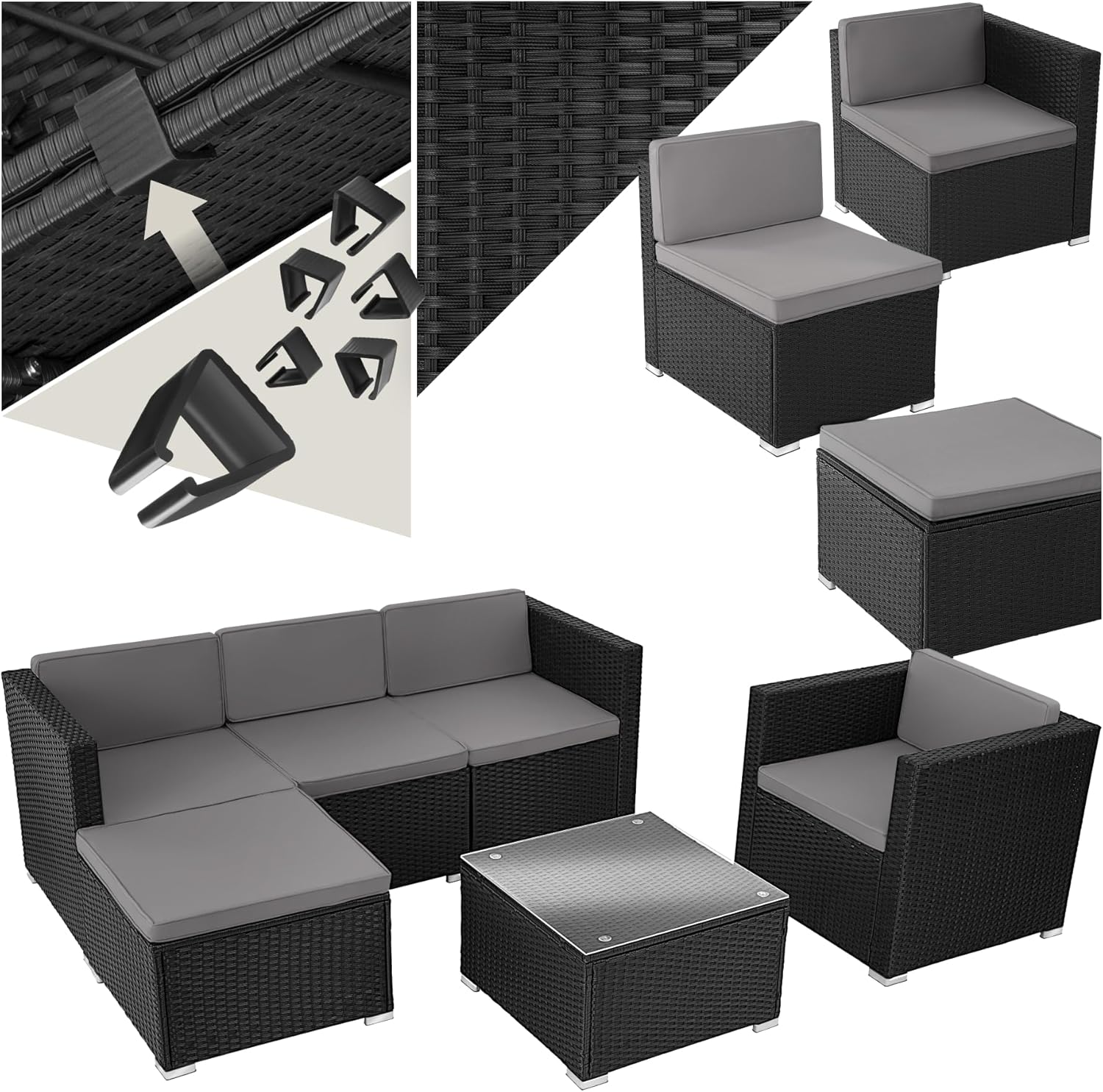 tectake - salon modulable 5 places poly rotin - coussins inclus - 4 fauteuils, 1 pouf, 1 table