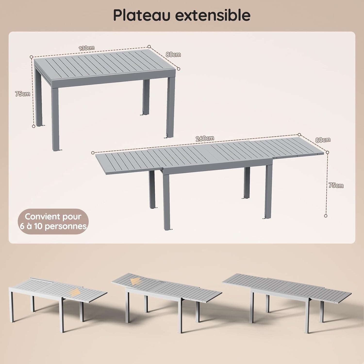 Devoko - Table de jardin extensible - 130/260x80x75 cm - aluminium, résistante intempéries