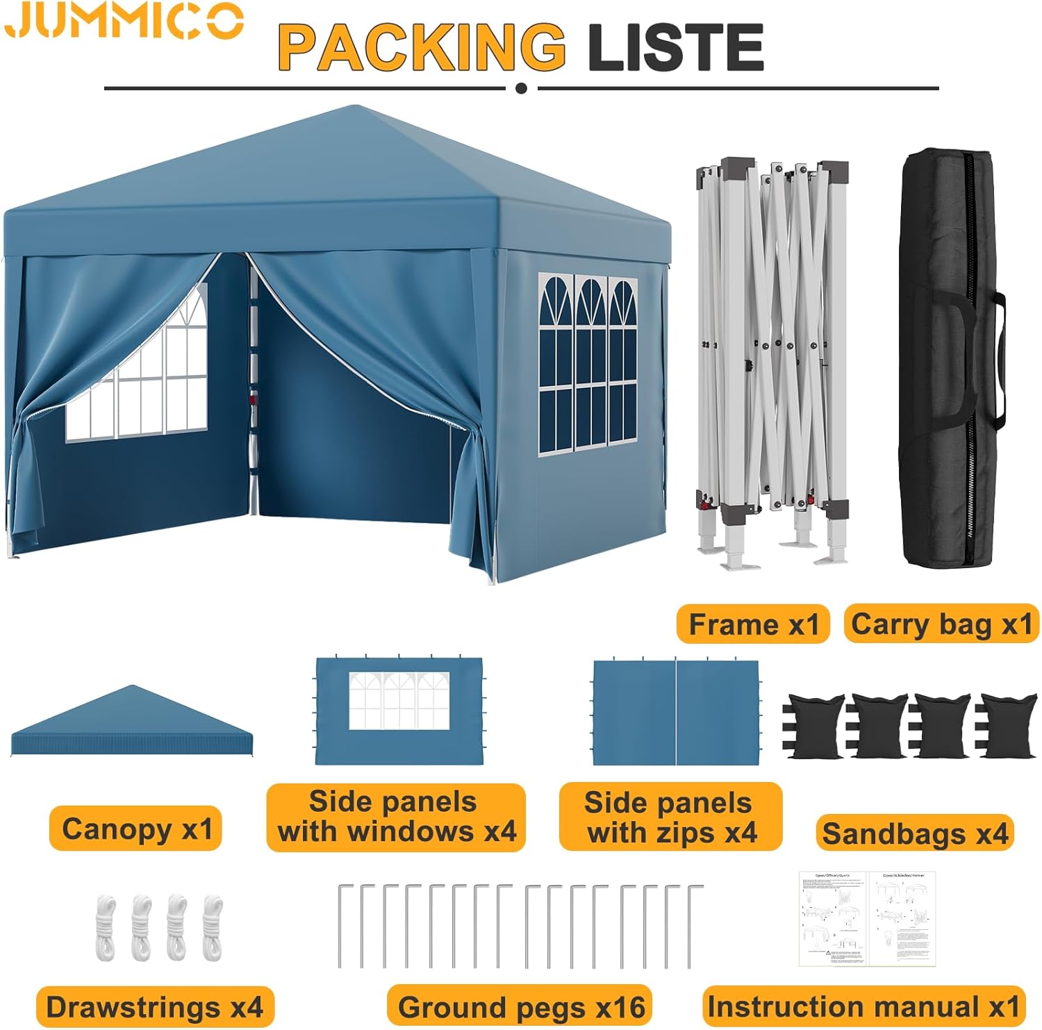 JUMMICO - tonnelle pliante série - 3x3m - imperméable, toile épaisse, anti-UV