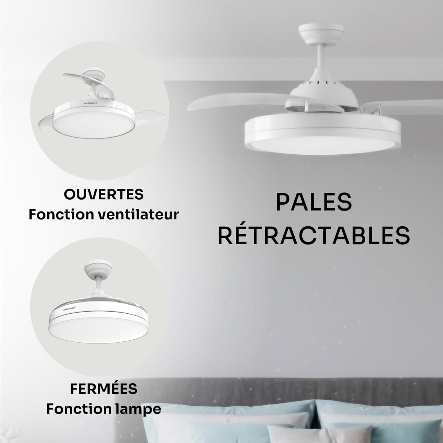 Mellerware - Brizy rétractable Ø106 cm - 40 W, 6 vitesses, LED, moteur DC