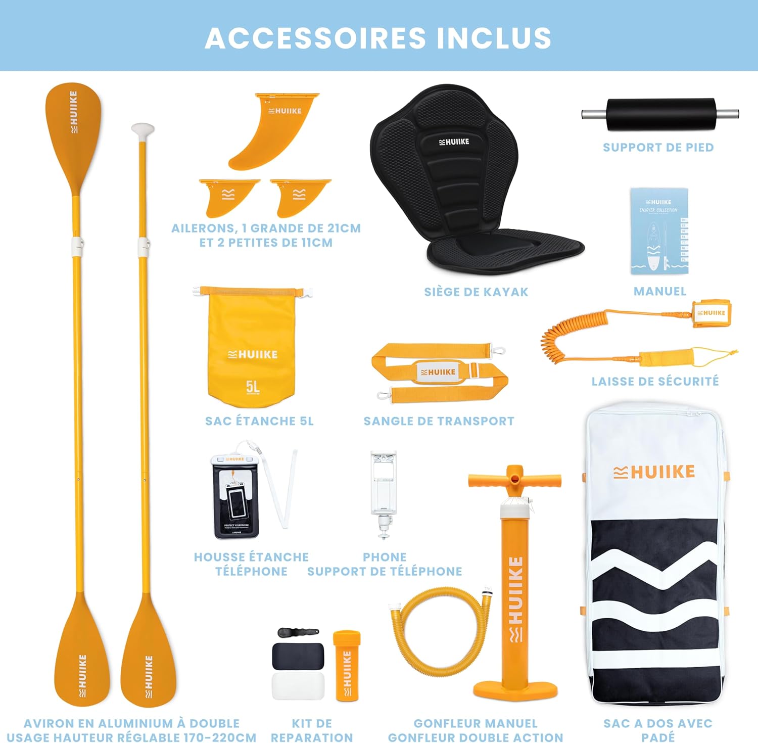 HUIIKE - Paddle gonflable adulte, 305x84x15 cm, kit complet, grande stabilité, 130 kg