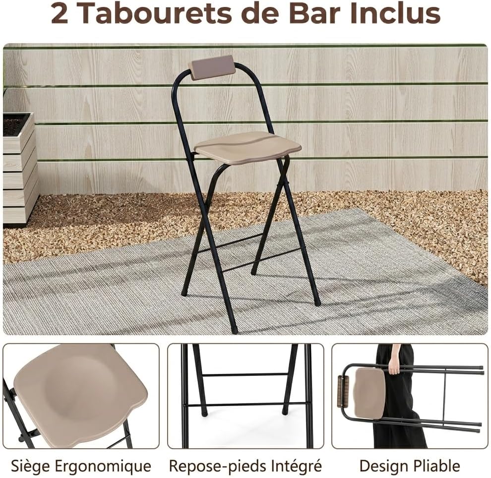 GOPLUS 4 Pcs Ensemble Salon de Bar, Abri Barbecue Jardin Exterieur avec Auvent Latéral, Table de Bar, 2 Tabourets Pliants, Crochet et 4 Rangées Porte-Verres (Café|Auvent|Chaises)