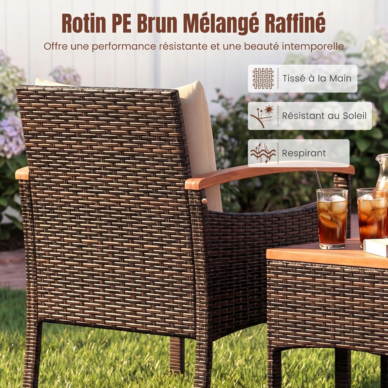 COSTWAY - Salon de Jardin 3 pcs - rotin PE, bois acacia, coussins amovibles, jaune terre