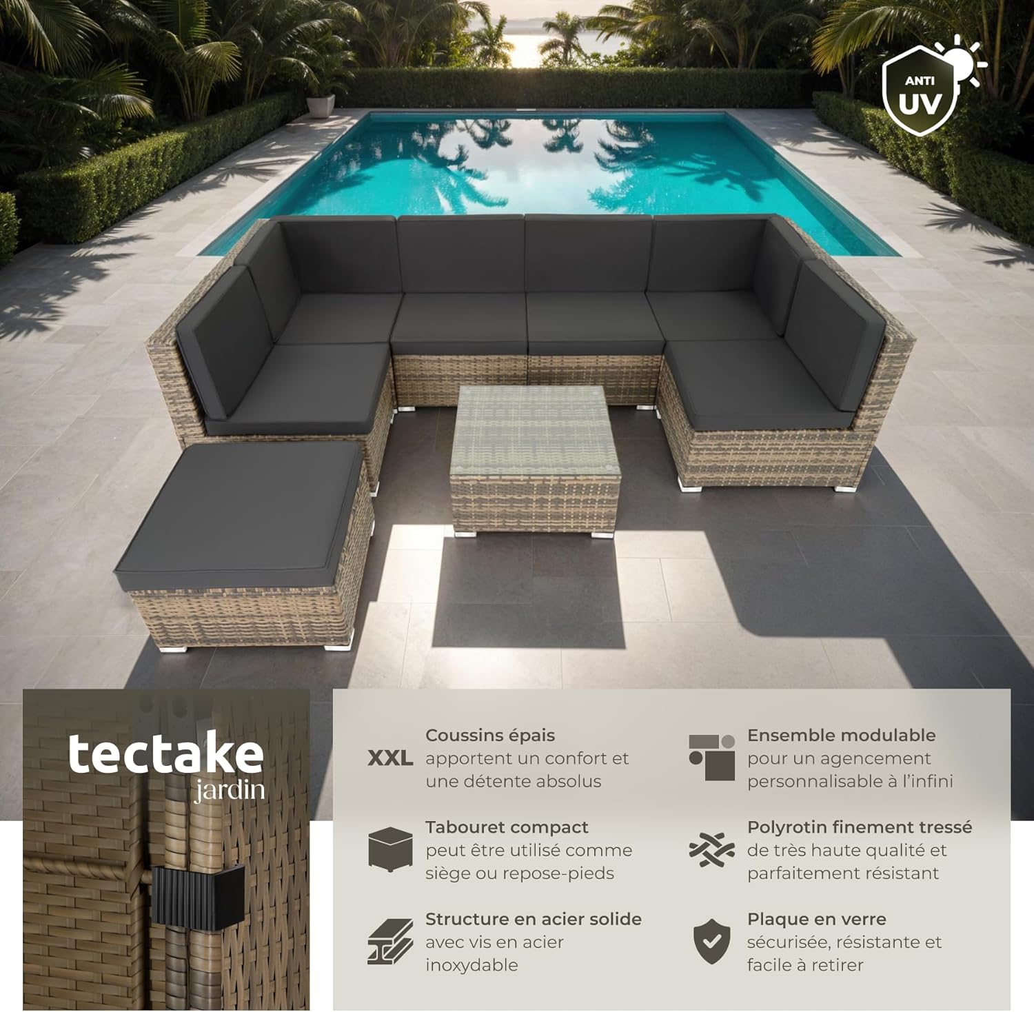 tectake - salon modulable rotin 6 fauteuils 1 table marron naturel