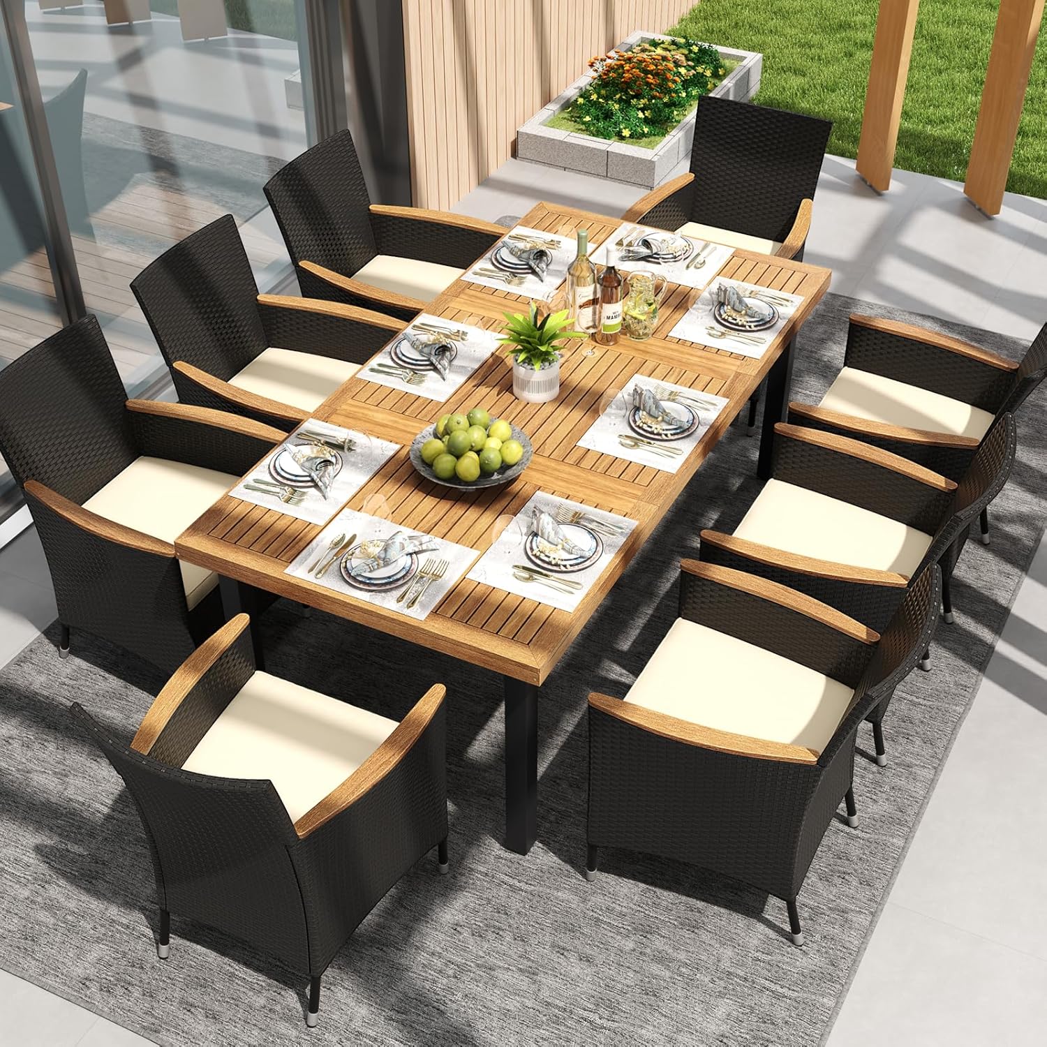 GOPLUS - Table à manger bois FSC 200x100x75cm - 8 pers, trou parasol