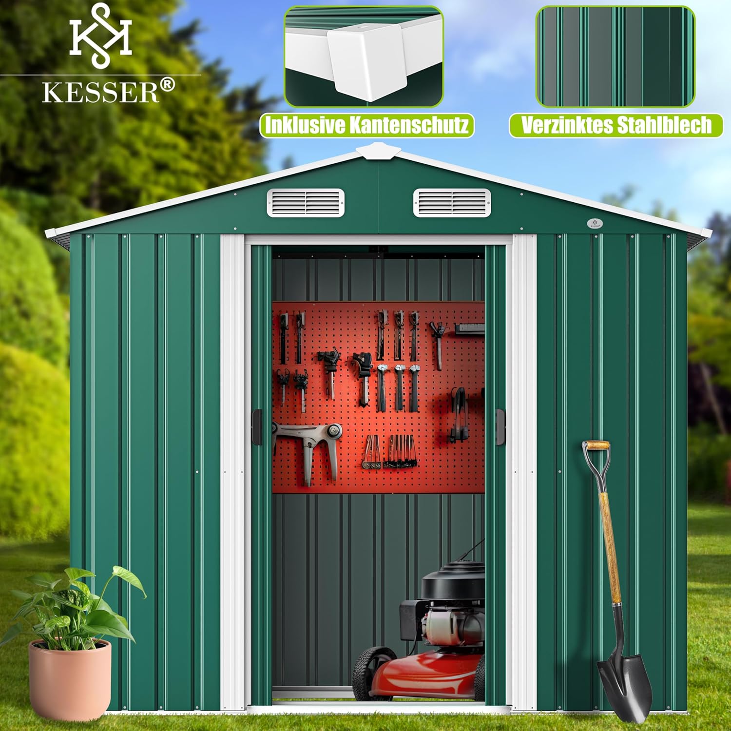 KESSER® Abri de Jardin XL en métal de 4,2 m³ avec Fondation, Gants de Travail, 182 x 118 x 186 cm, 2 Portes coulissantes, Abri à Outils, Armoire, Toit à Pente de Jardin Vert