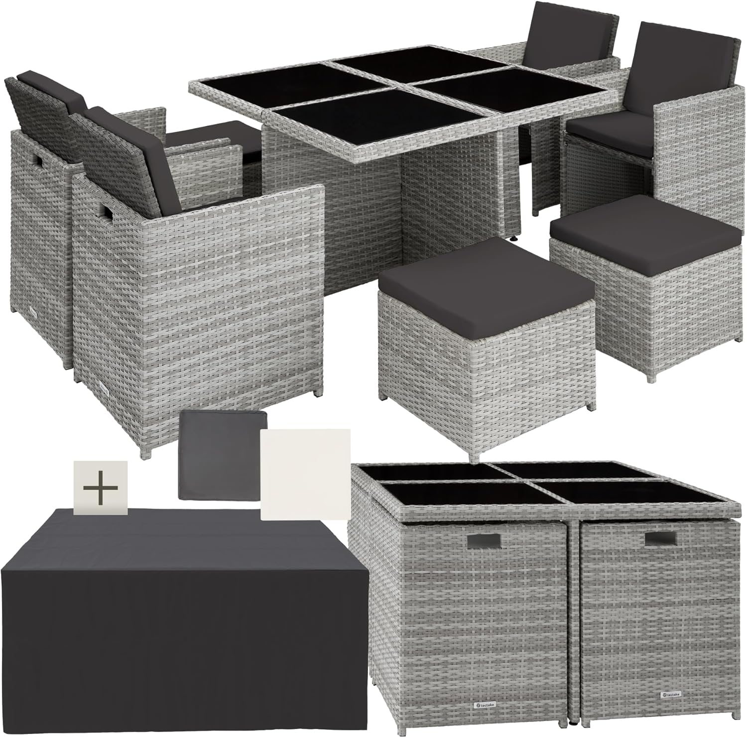 tectake - Salon de jardin extérieur 8 places - alu, polyrotin, table large, gris clair