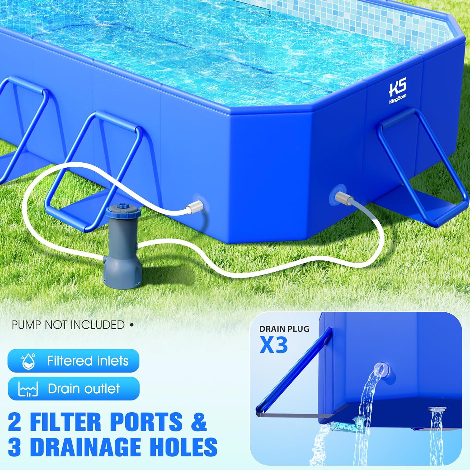 KingSom Piscine Tubulaire rectangulaire,Piscine hors Sol rectangulaire,Surdimensionné et Épaissi,Piscine Metal Frame Piscine Tubulaire,Facile à Ranger,Piscine Pliable,Piscine Adulte, 300 x 185 x 51 cm
