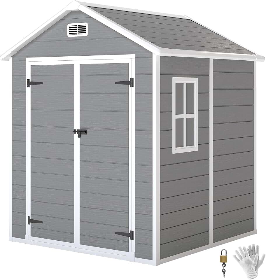 Outsunny Abri de Jardin en résine 2,7 m² avec Plancher Structure en Aluminium 182 x 151 x 219 cm, cabane de Jardin cabanon Rangement Outils Portes avec Serrure et clés 3 fenêtre, Gris Global Recycled Standard