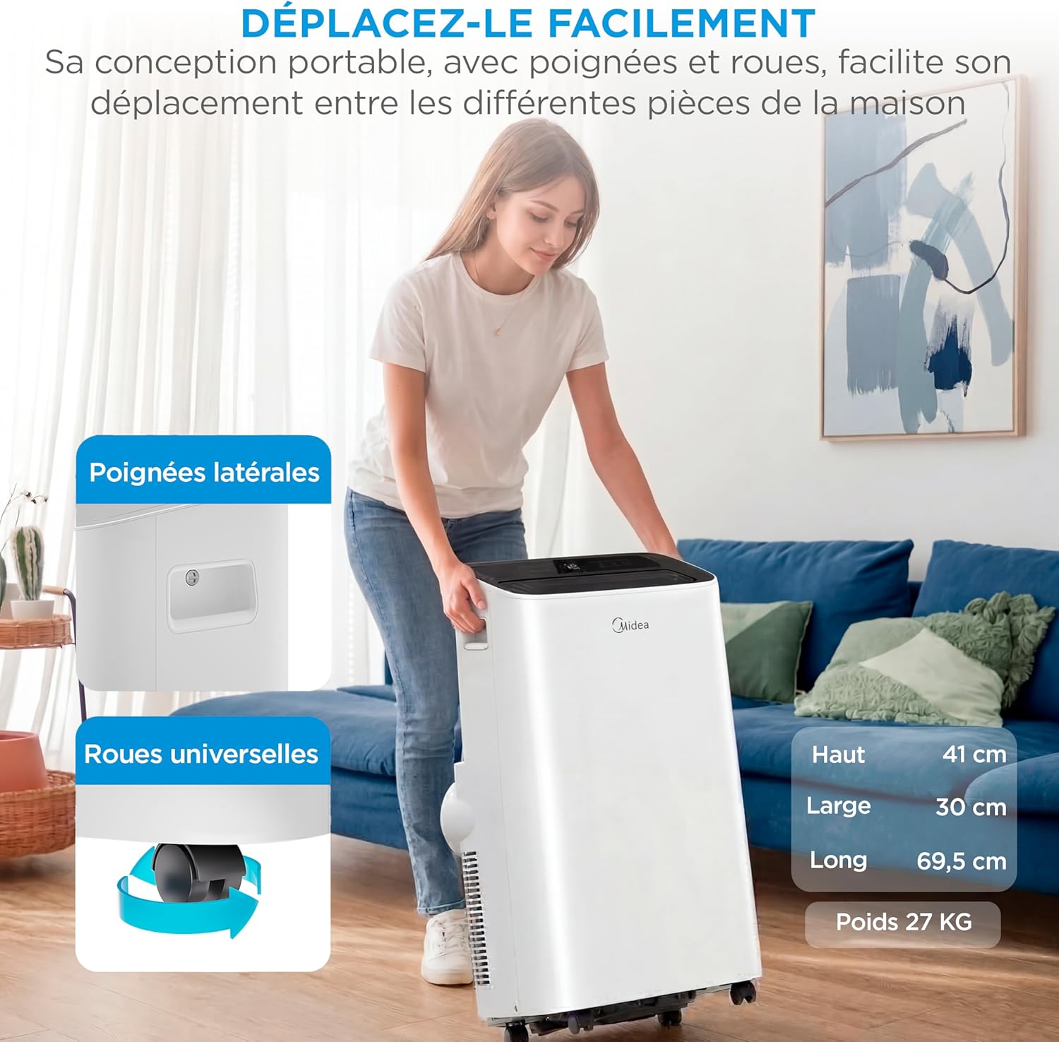 MIDEA Climatiseur Mobile Silencieux 9000 BTU avec Évacuation | 4 en 1: Climatisation, Ventilation, Déshumidification, Sleep | Clim Portable avec Contrôle App & Télécommande | Kit de Fenêtre Inclus
