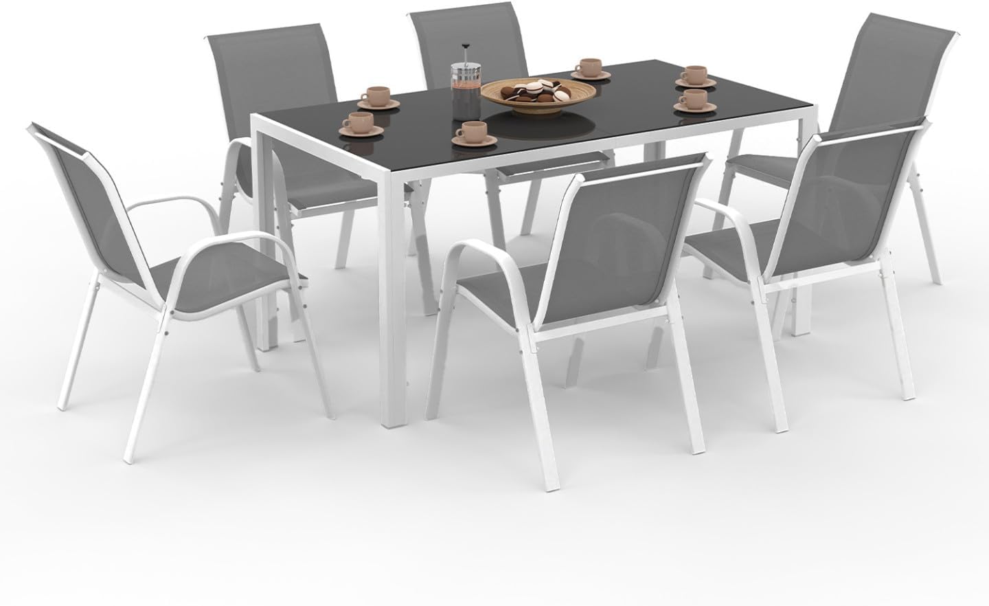IDMarket - Madrid salon de jardin 150 cm, 6 chaises empilables, blanc/gris