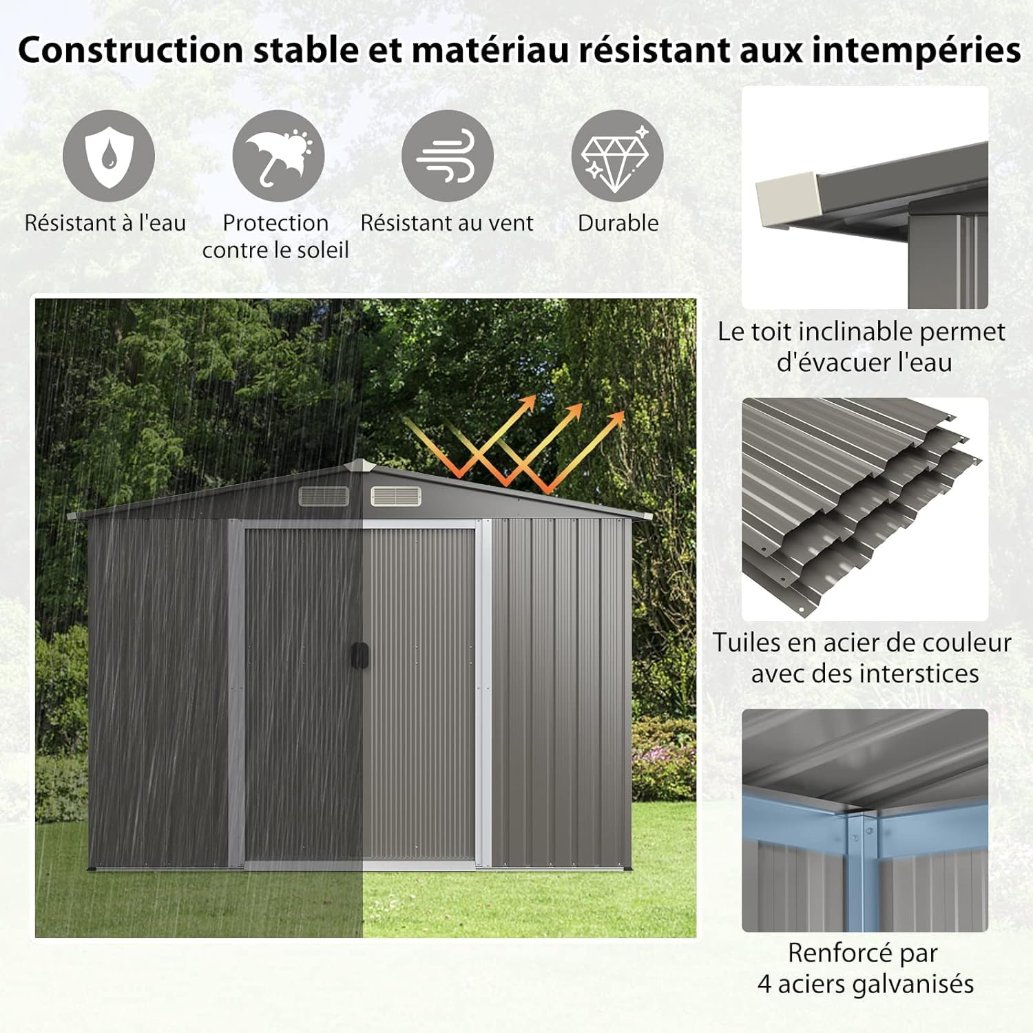 GOPLUS 4,74㎡ Abri de Jardin en Métal Galvanisé avec Base, Cabine de Jardin Extérieur Porte Coulissante, Résistant aux Intempéries, Cabane de Rangement à Outils 8,59m³, 260 x 207x181cm, Toit Gris Foncé