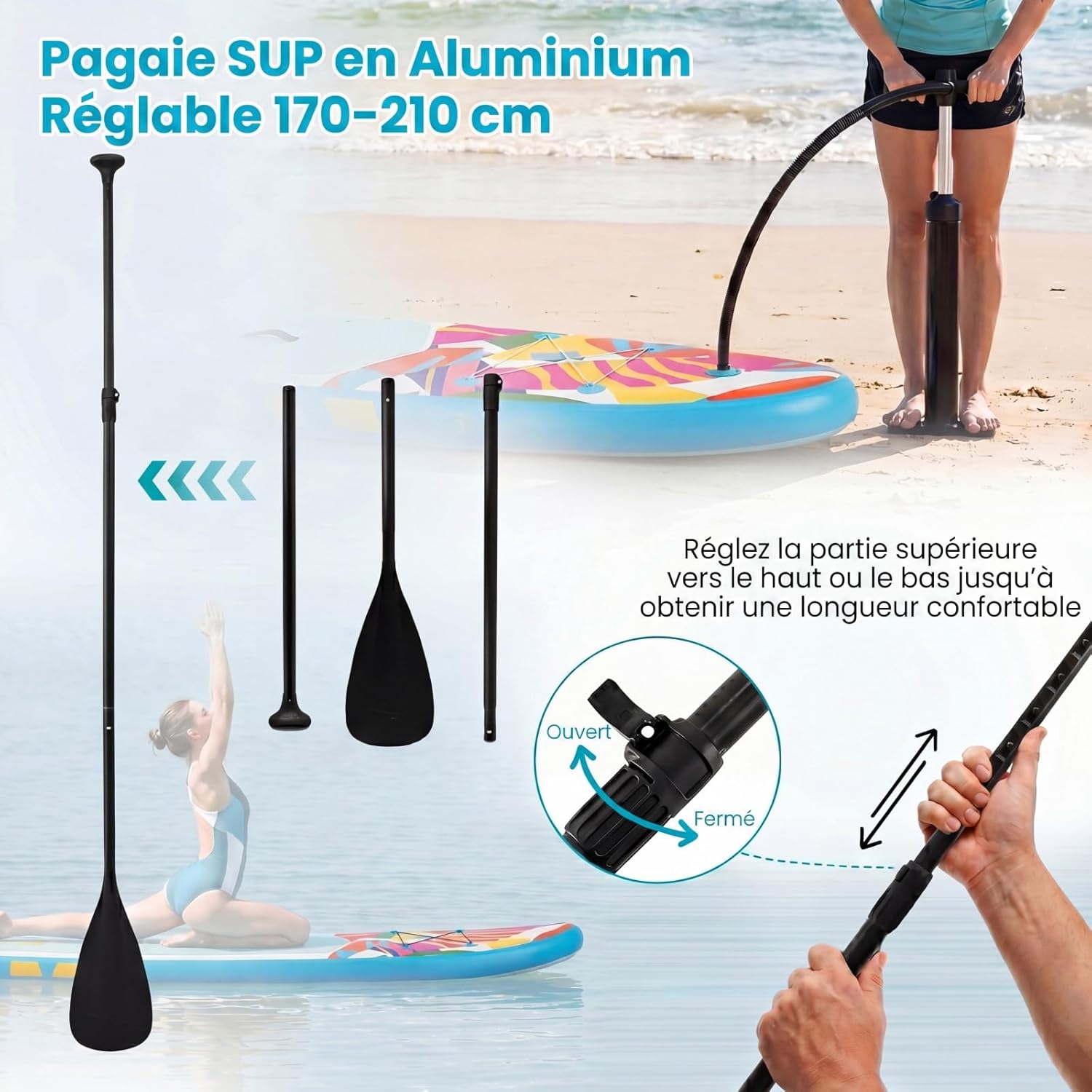 HOMASIS - Planche à Pagaie Gonflable - 336x77x16 cm - Pagaie réglable, pompe, 3 ailerons, accessoires, HOMASIS336x77x16