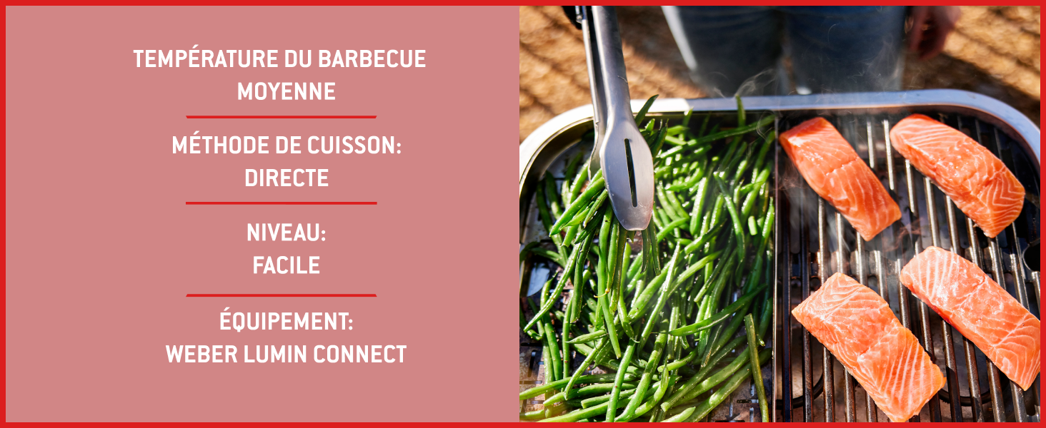 Le texte se lit comme suit : « TEMPÉRATURE DU BARBECUE MOYENNE, MÉTHODE DE CUISSON DIRECTE, NIVEAU DE DIFFICULTÉ FACILE, ÉQUIPEMENT WEBER LUMIN CONNECT ». L'image montre des filets de saumon grillés avec des haricots verts.