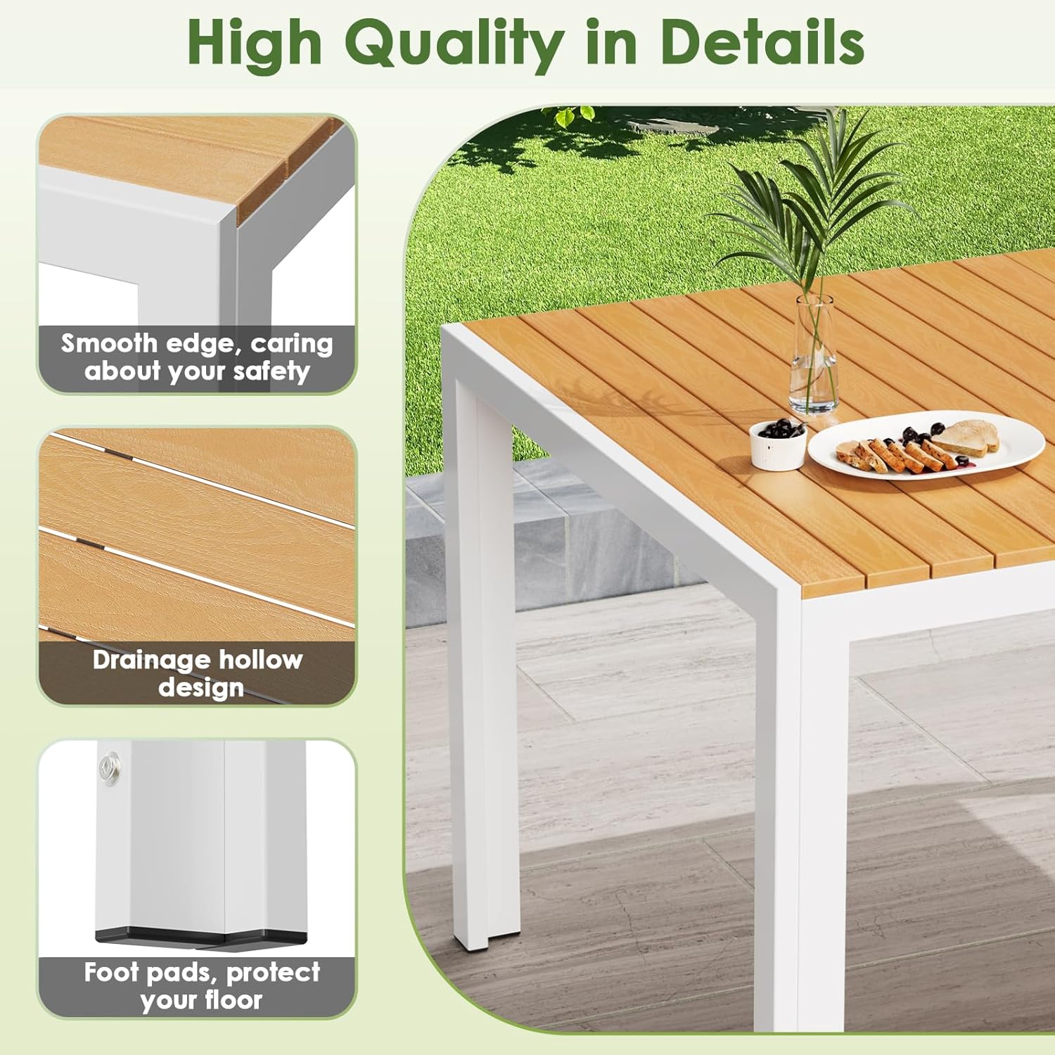 LIFERUN - Grande table de jardin - 140x90x75 cm - aluminium, plateau WPC, pour 6 personnes, résistante intempéries