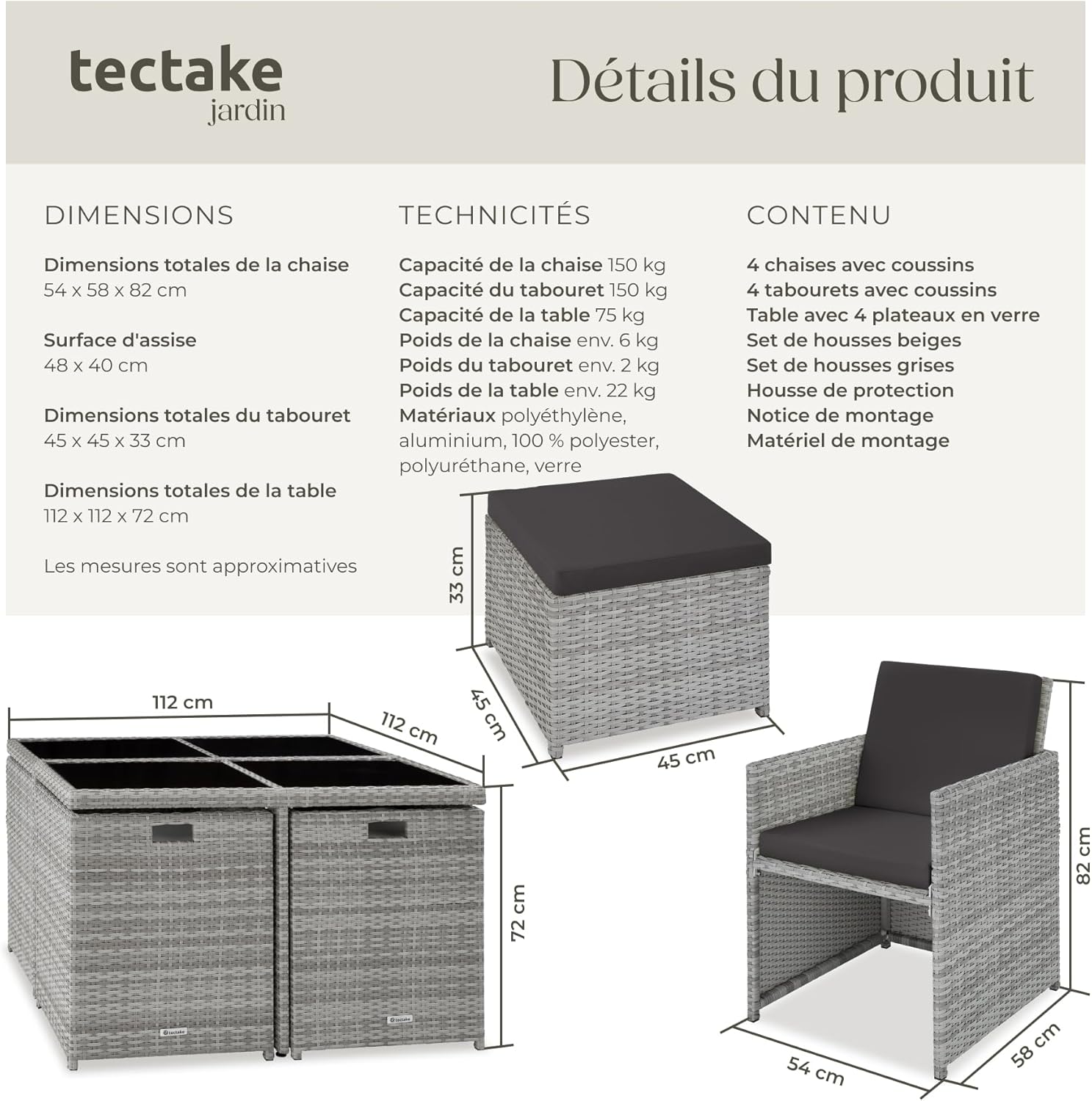 tectake - Salon de jardin extérieur 8 places - alu, polyrotin, table large, gris clair
