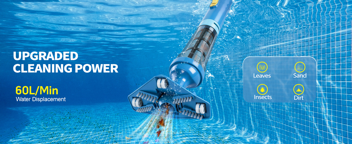 Le texte indique « AMÉLIORÉ » et « PUISSANCE DE NETTOYAGE ». Robot de nettoyage de piscine montré sous l'eau, démontrant ses capacités de nettoyage avec un fond d'eau bleu clair.